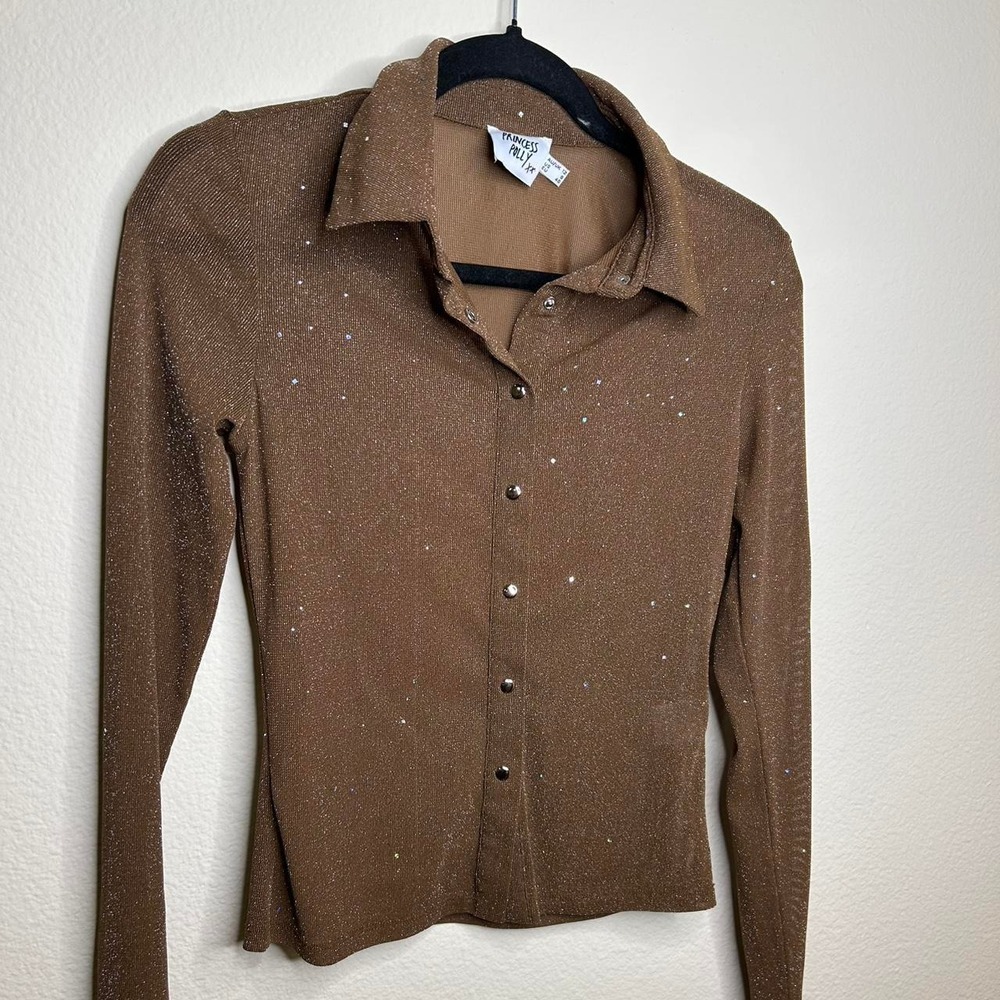 Sheer Brown Button Up Top Glitter Accents Princess Polly Medium